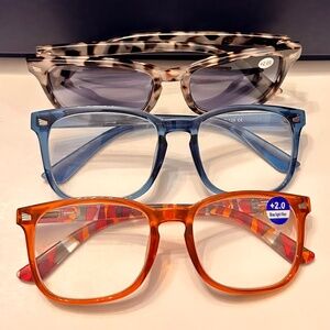 New (2) Blue Light Readers + (1) Full Reader Sunglasses +2.0
